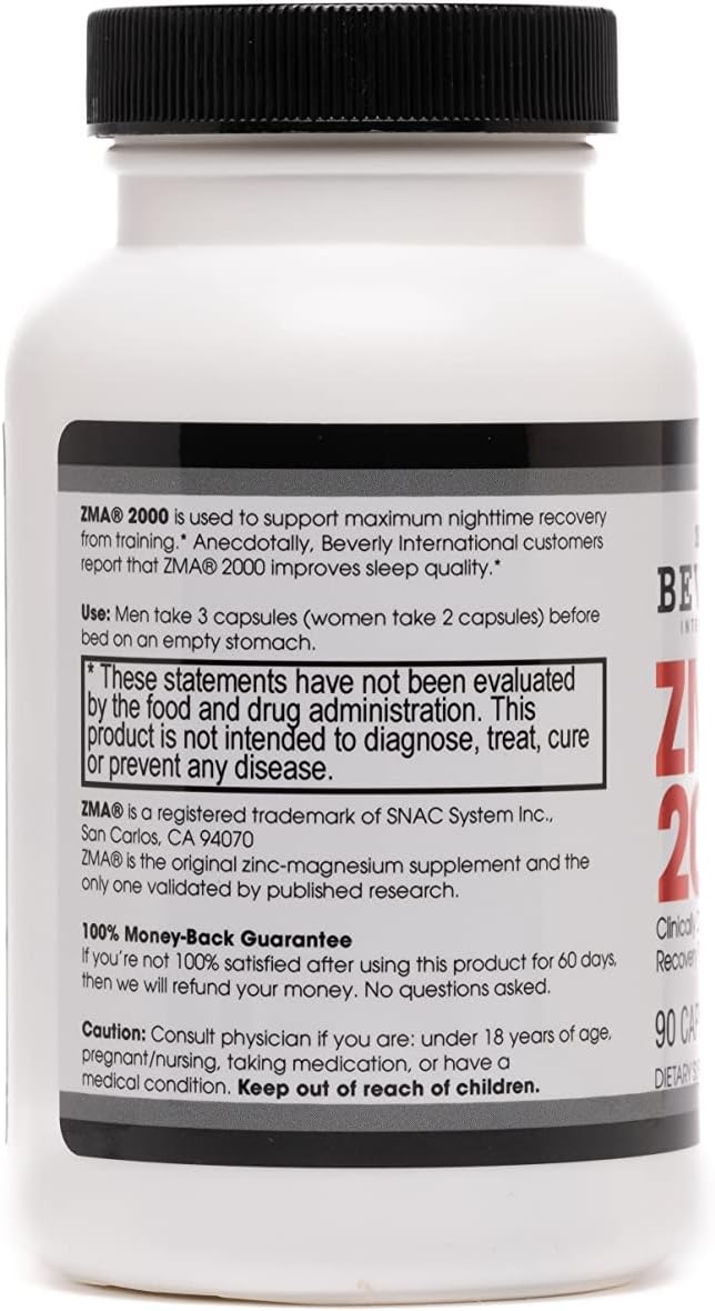 Beverly International ZMA 2000 Capsules - Boost Muscle Strength, Endurance, Immune Support, and Recovery with Zinc, Magnesium Aspartate, and Vitamin B6 - 90 Count