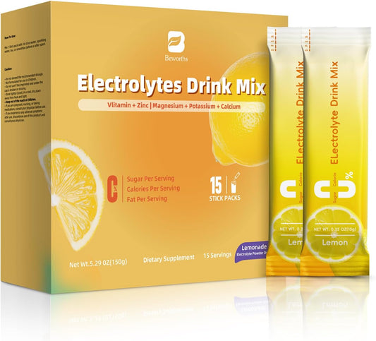 BEWORTHS Electrolyte Powder Mix with Potassium, Zinc & Magnesium - Sugar-Free Hydration Supplement - Keto & Non-GMO - 15 Packets