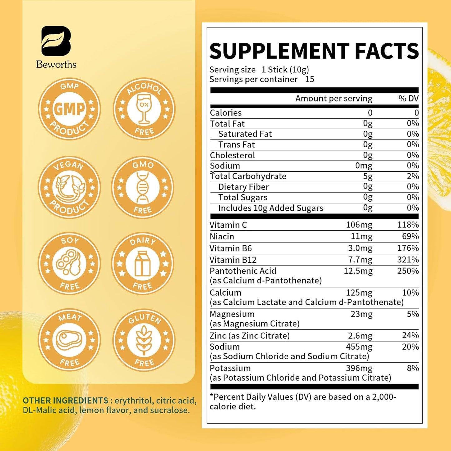 BEWORTHS Electrolyte Powder Mix with Potassium, Zinc & Magnesium - Sugar-Free Hydration Supplement - Keto & Non-GMO - 15 Packets