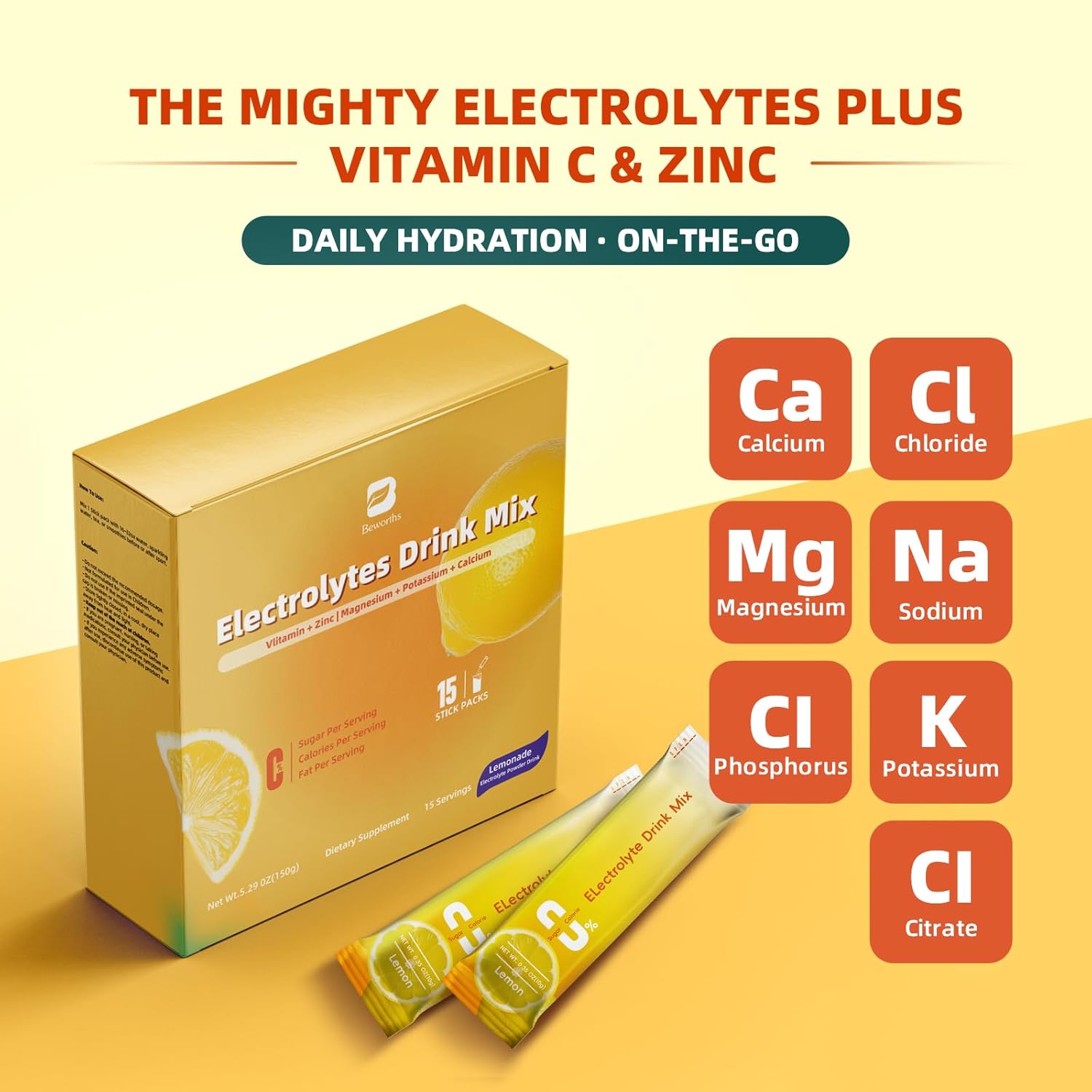 BEWORTHS Electrolyte Powder Mix with Potassium, Zinc & Magnesium - Sugar-Free Hydration Supplement - Keto & Non-GMO - 15 Packets