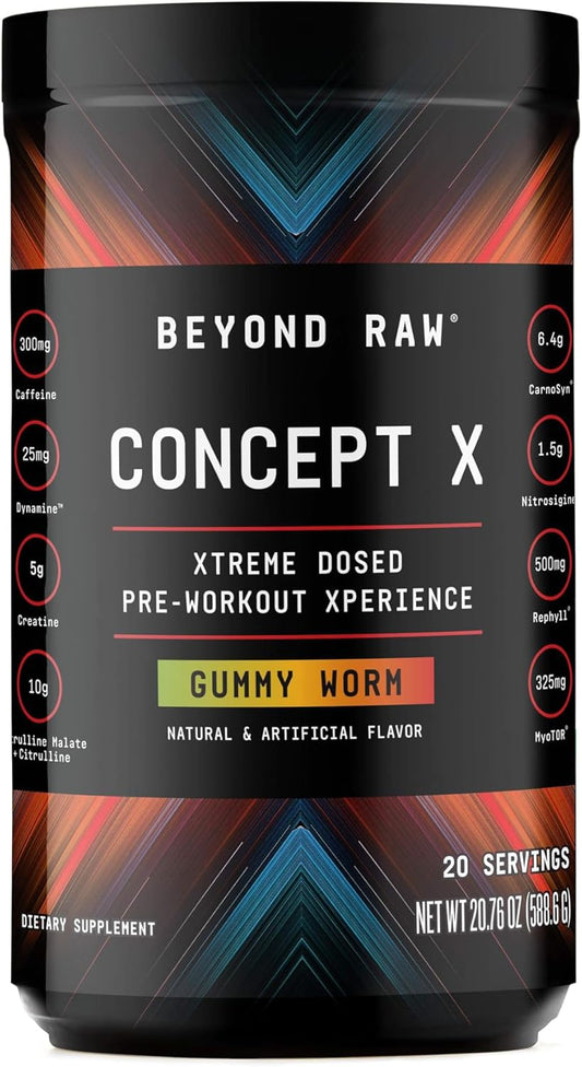 BEYOND RAW Concept X Pre-Workout Powder - 20 Servings, Gummy Worm Flavor, Clinically Dosed with Caffeine, L-Citrulline, Creatine, and Beta-Alanine