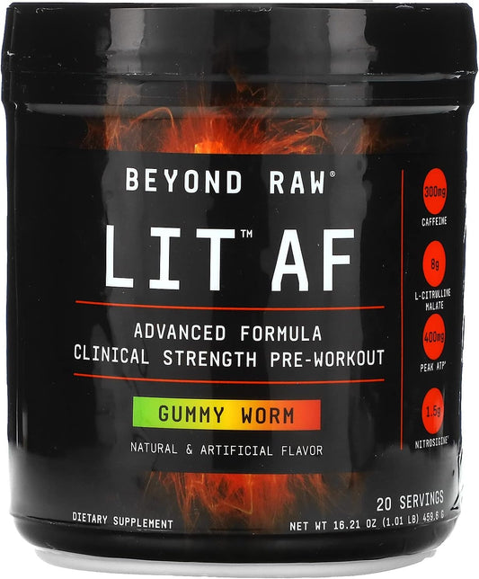 Beyond Raw Lit AF Pre-Workout Powder - Clinical Strength Formula with Caffeine, L-Citruline, Nitrosigine - Gummy Worm Flavor - 20 Servings