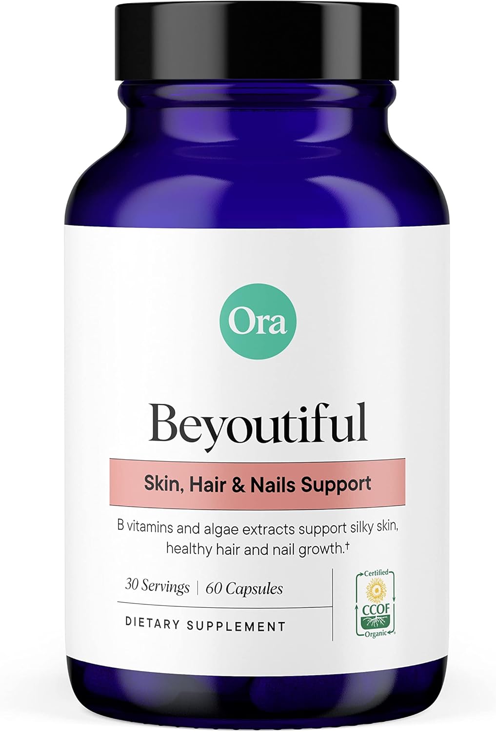 BeYouTiful Beauty Supplement for Healthy Hair, Skin & Nails - 60 Vegan Capsules with B Vitamins & Algae Extracts by Ora Organic