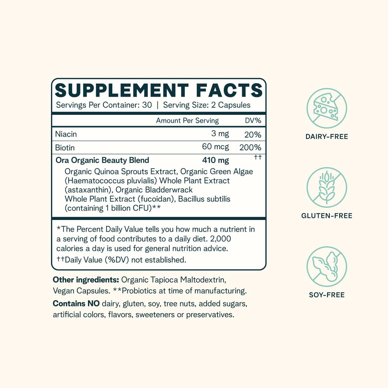 BeYouTiful Beauty Supplement for Healthy Hair, Skin & Nails - 60 Vegan Capsules with B Vitamins & Algae Extracts by Ora Organic