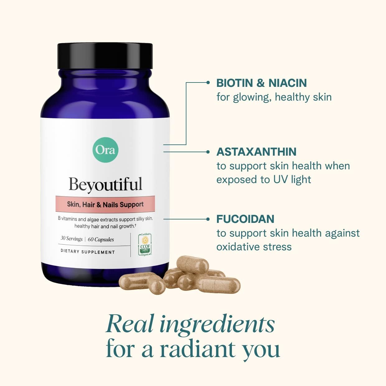 BeYouTiful Beauty Supplement for Healthy Hair, Skin & Nails - 60 Vegan Capsules with B Vitamins & Algae Extracts by Ora Organic