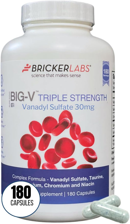 Big-V Triple Strength Vanadyl Supplement - 30mg Vanadyl Sulfate, 600mg Taurine, Selenium, Chromium, Niacin - 180 Capsules