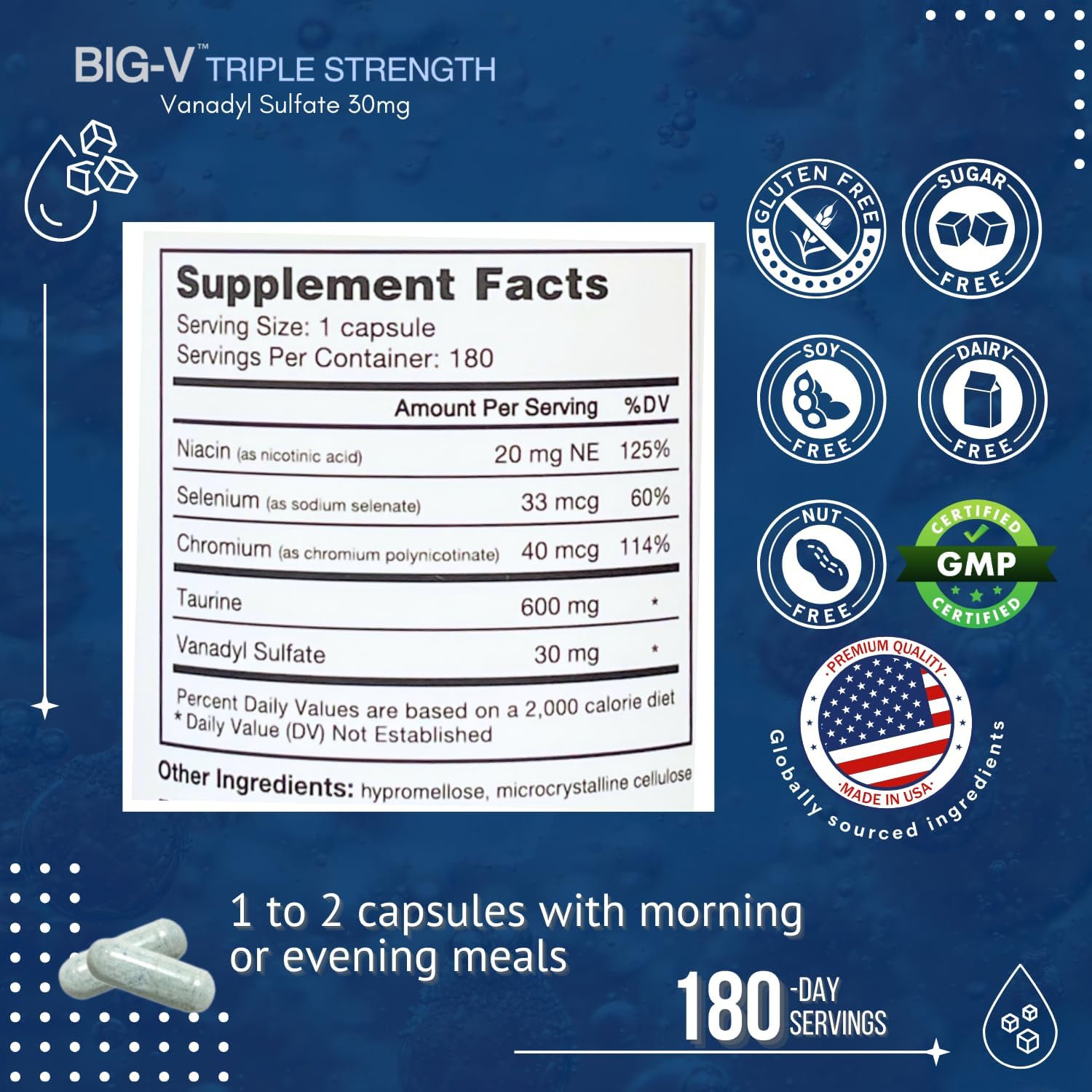 Big-V Triple Strength Vanadyl Supplement - 30mg Vanadyl Sulfate, 600mg Taurine, Selenium, Chromium, Niacin - 180 Capsules