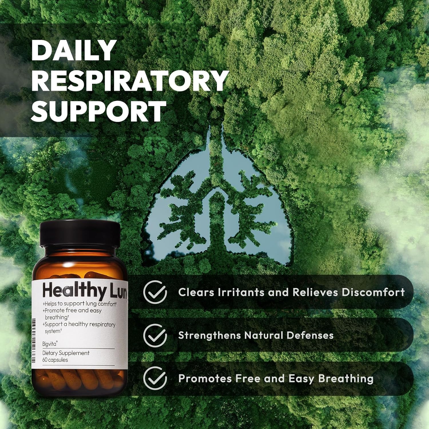 BIGVITA Lung Health Supplement - Vegan, Gluten Free Lung Support for Detox & Immune Health - 60 Capsules