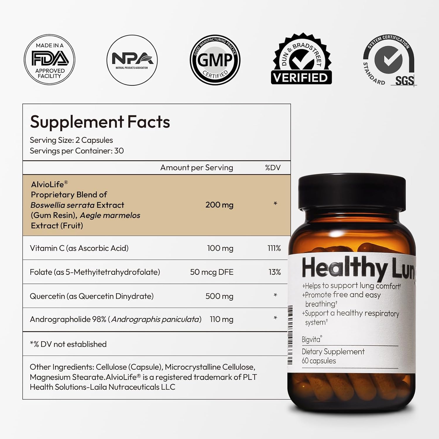 BIGVITA Lung Health Supplement - Vegan, Gluten Free Lung Support for Detox & Immune Health - 60 Capsules