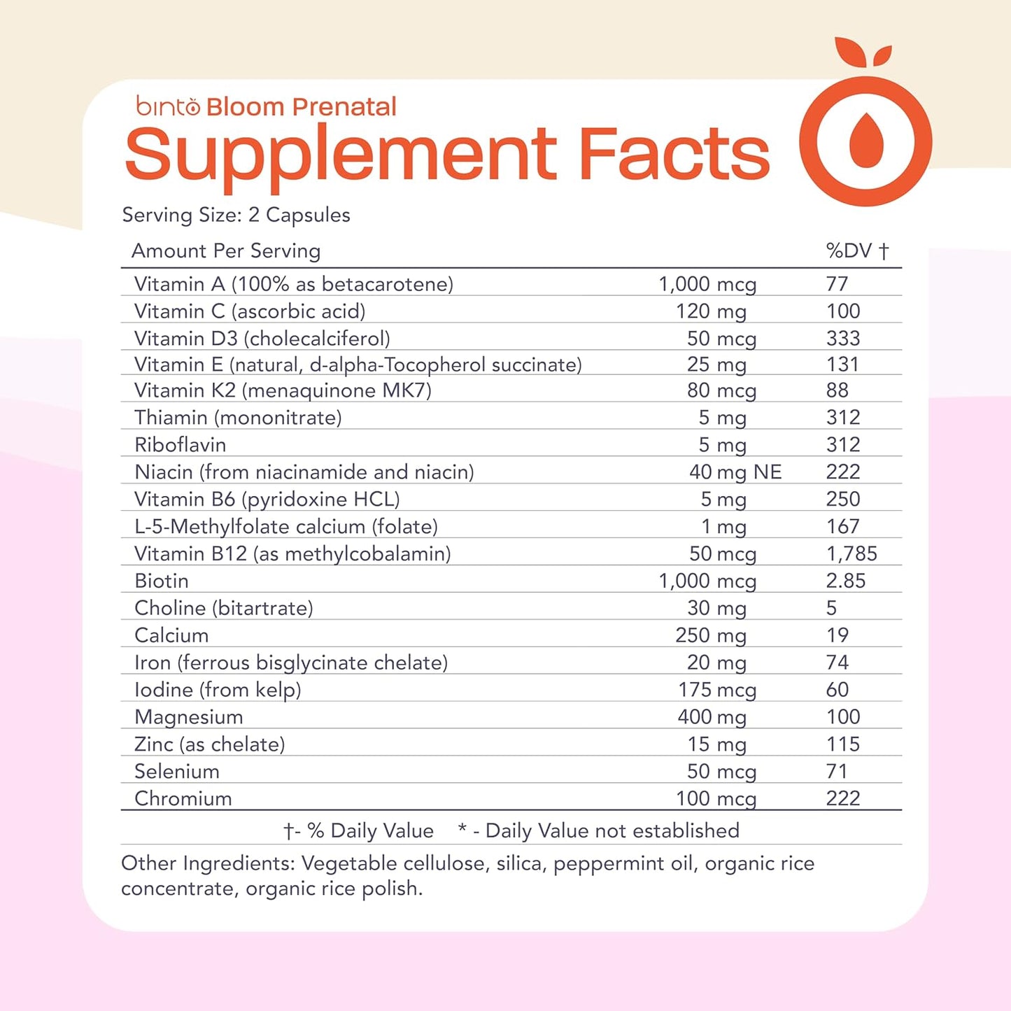 Binto Bloom Prenatal Supplements - 1 Month Supply - Multivitamin with Iron, Methylated Folate, & Folic Acid - Non GMO, Gluten Free, Vegetarian - Healthy Support for Mother & Baby