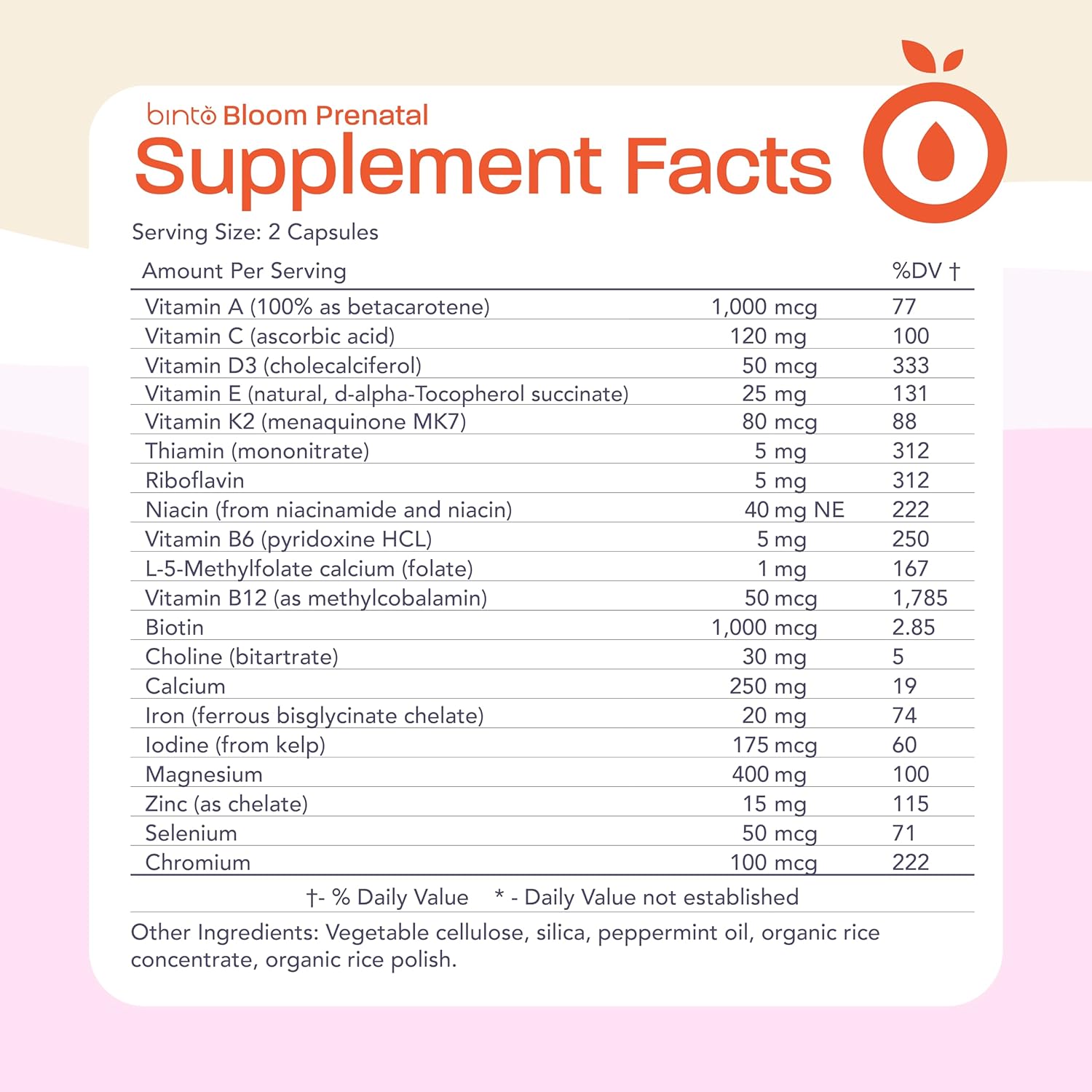 Binto Bloom Prenatal Supplements - 1 Month Supply - Multivitamin with Iron, Methylated Folate, & Folic Acid - Non GMO, Gluten Free, Vegetarian - Healthy Support for Mother & Baby