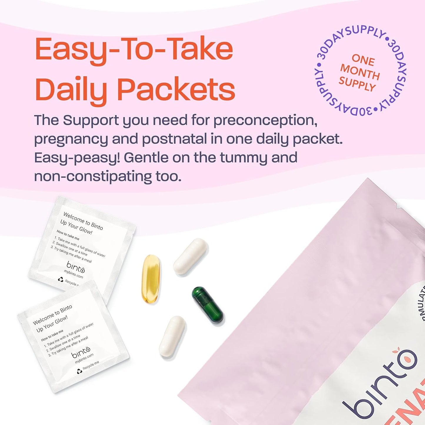 Binto Prenatal Supplements - 4-in-1 Formula for Healthy Mama & Baby - 1 Month Supply - Multivitamin, Probiotics, Iron, DHA, Folate - NON-GMO, Gluten Free, Vegetarian