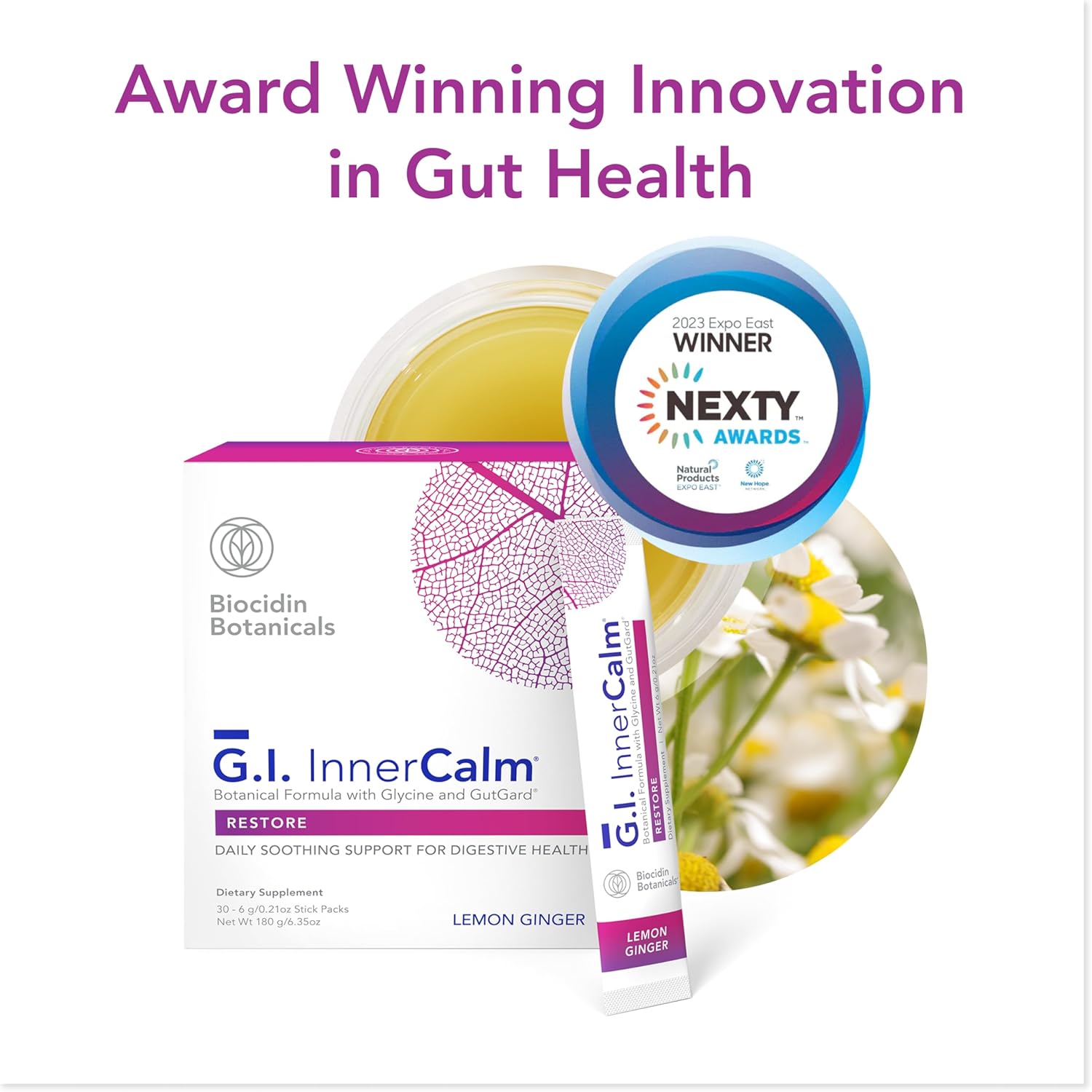 Bio-Botanical Research Biocidin Gut Health Drink Mix - GI InnerCalm - Support Digestive Health, GI Detox and a Healthy Mood & Relaxation - Restorative Formula with Glycine - 30 Stick Packs