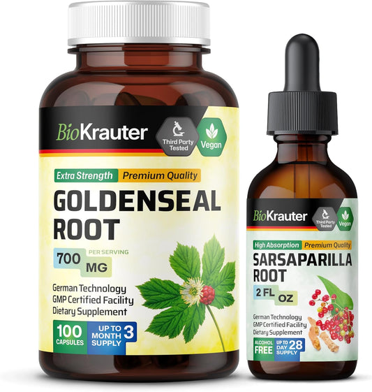 BIO KRAUTER Goldenseal Capsules & Sarsaparilla Tincture Bundle - Natural Herbal Supplements