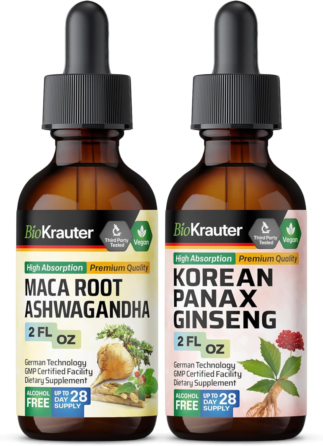 BIO KRAUTER Maca Ashwagandha and Ginseng Tinctures Bundle 4 Fl. Oz. Total