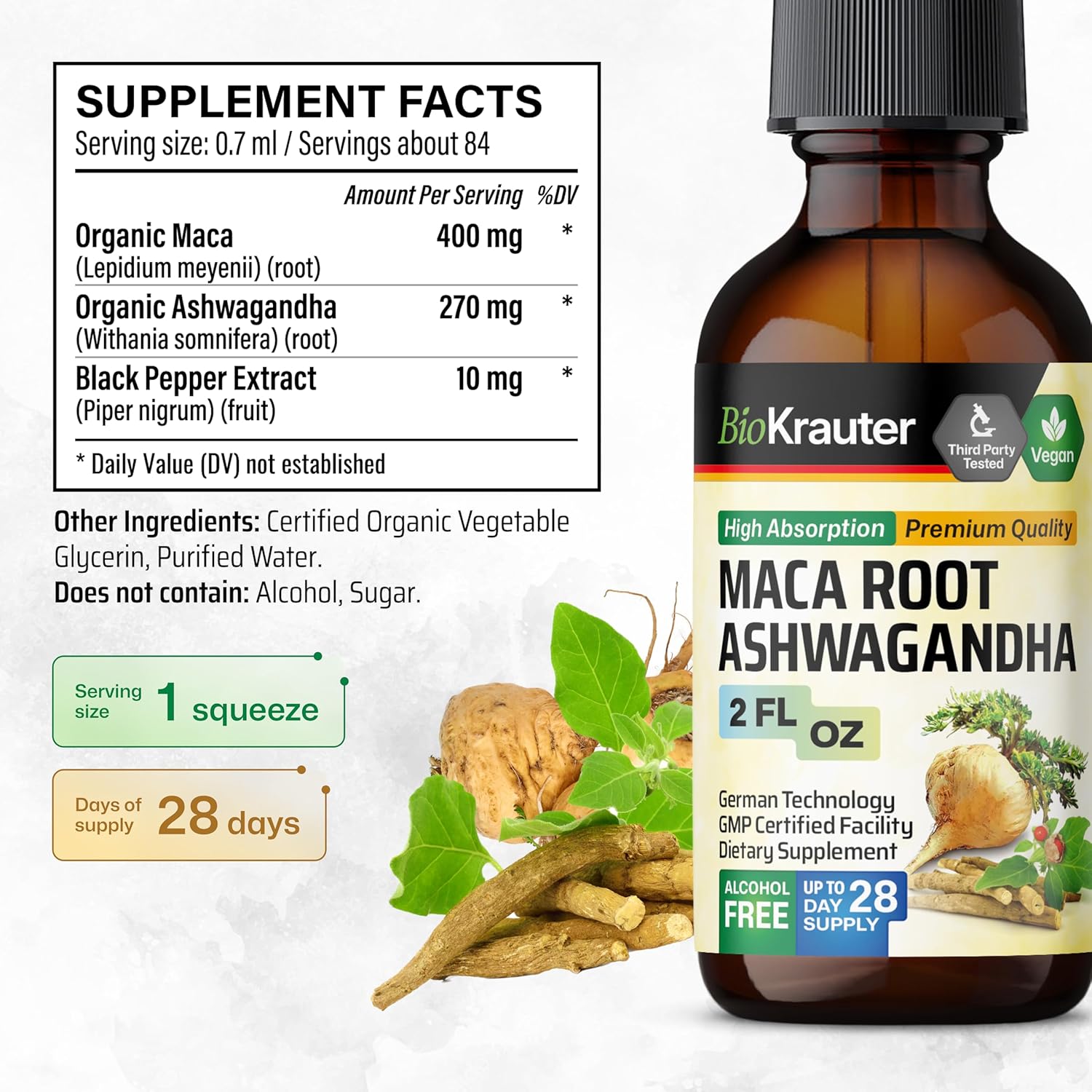 BIO KRAUTER Maca Ashwagandha and Ginseng Tinctures Bundle 4 Fl. Oz. Total