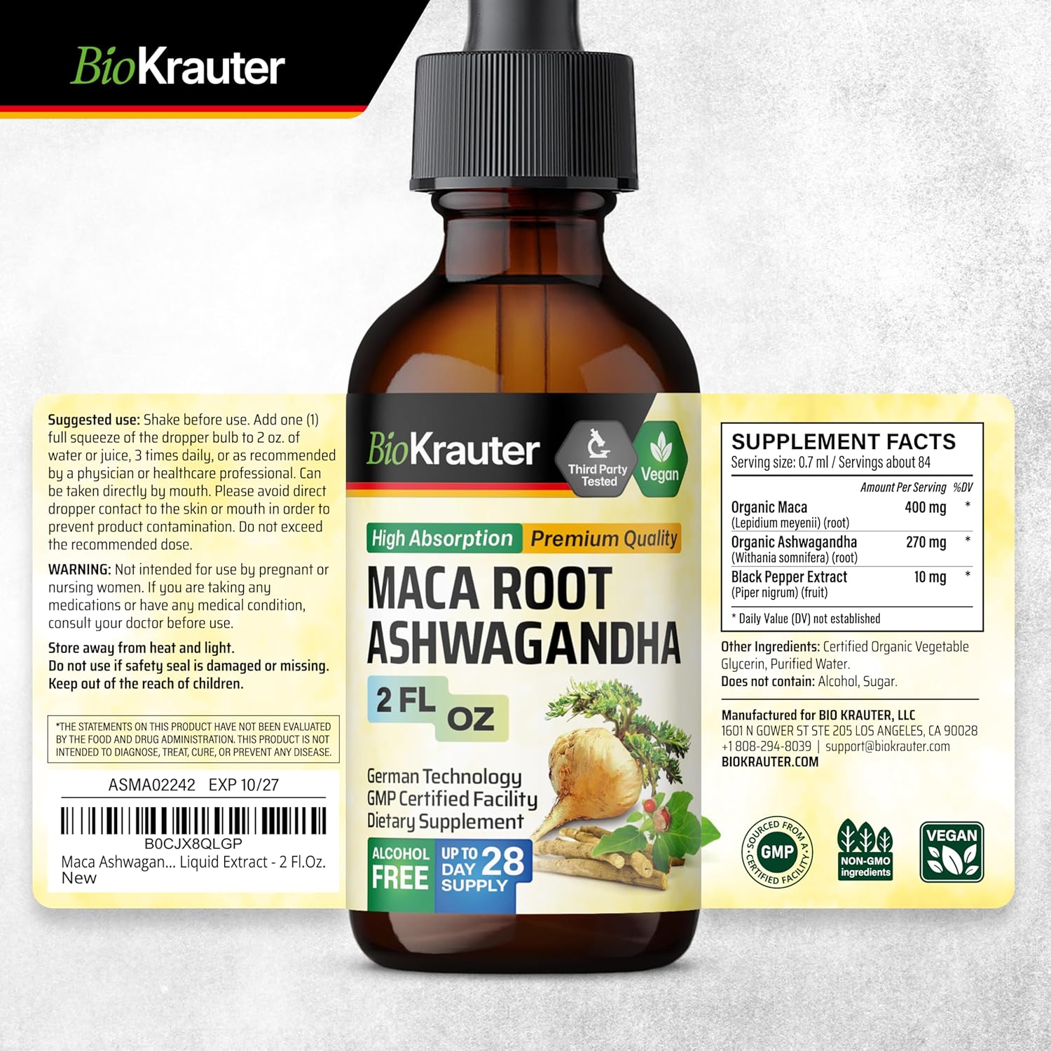 BIO KRAUTER Maca Ashwagandha and Ginseng Tinctures Bundle 4 Fl. Oz. Total