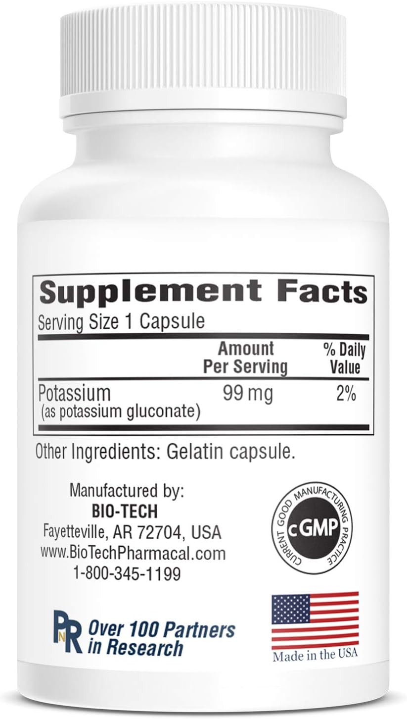Bio-Tech Pharmacal Potassium Gluconate Supplement - 100 Count Bottle - K-99 Formula for Enhanced Absorption