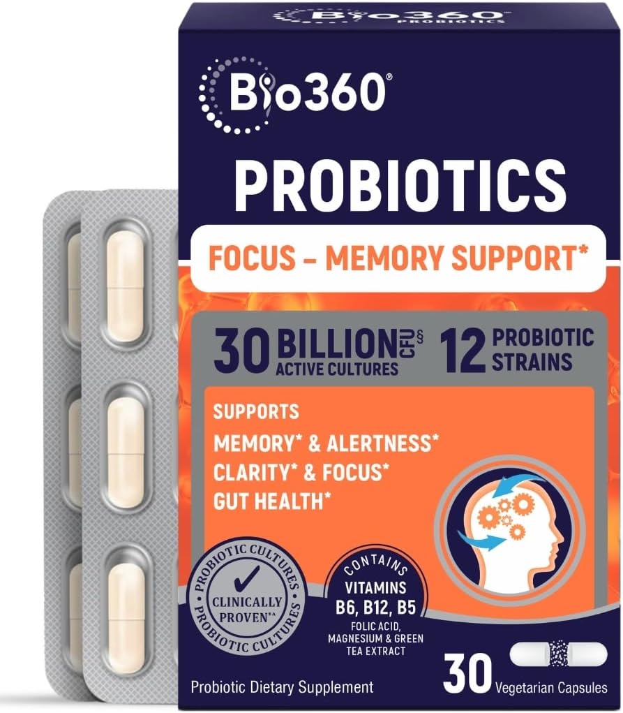 Bio360 Brain Supplements: Memory & Focus Capsules with B5, B6, B12 - 30 Billion CFU for Brain Health, Immunity, and Digestion - 30 Count