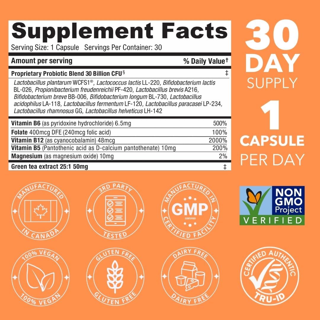 Bio360 Brain Supplements: Memory & Focus Capsules with B5, B6, B12 - 30 Billion CFU for Brain Health, Immunity, and Digestion - 30 Count