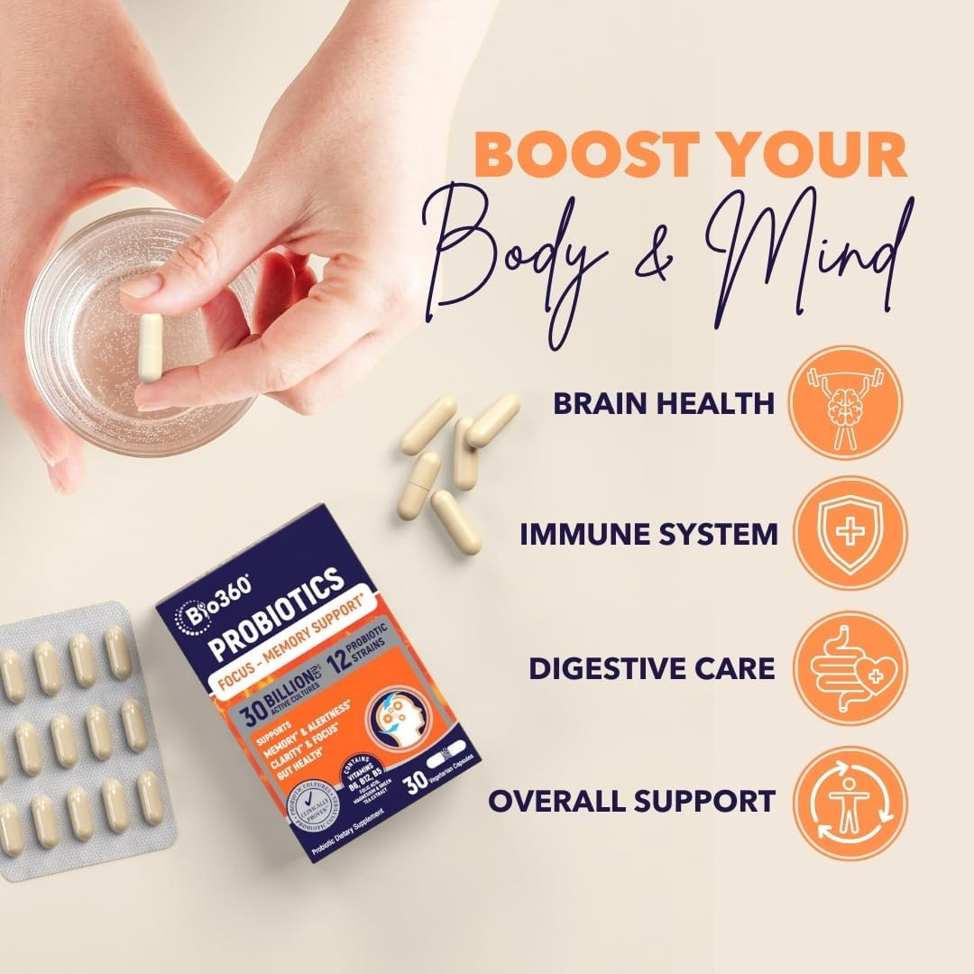 Bio360 Brain Supplements: Memory & Focus Capsules with B5, B6, B12 - 30 Billion CFU for Brain Health, Immunity, and Digestion - 30 Count