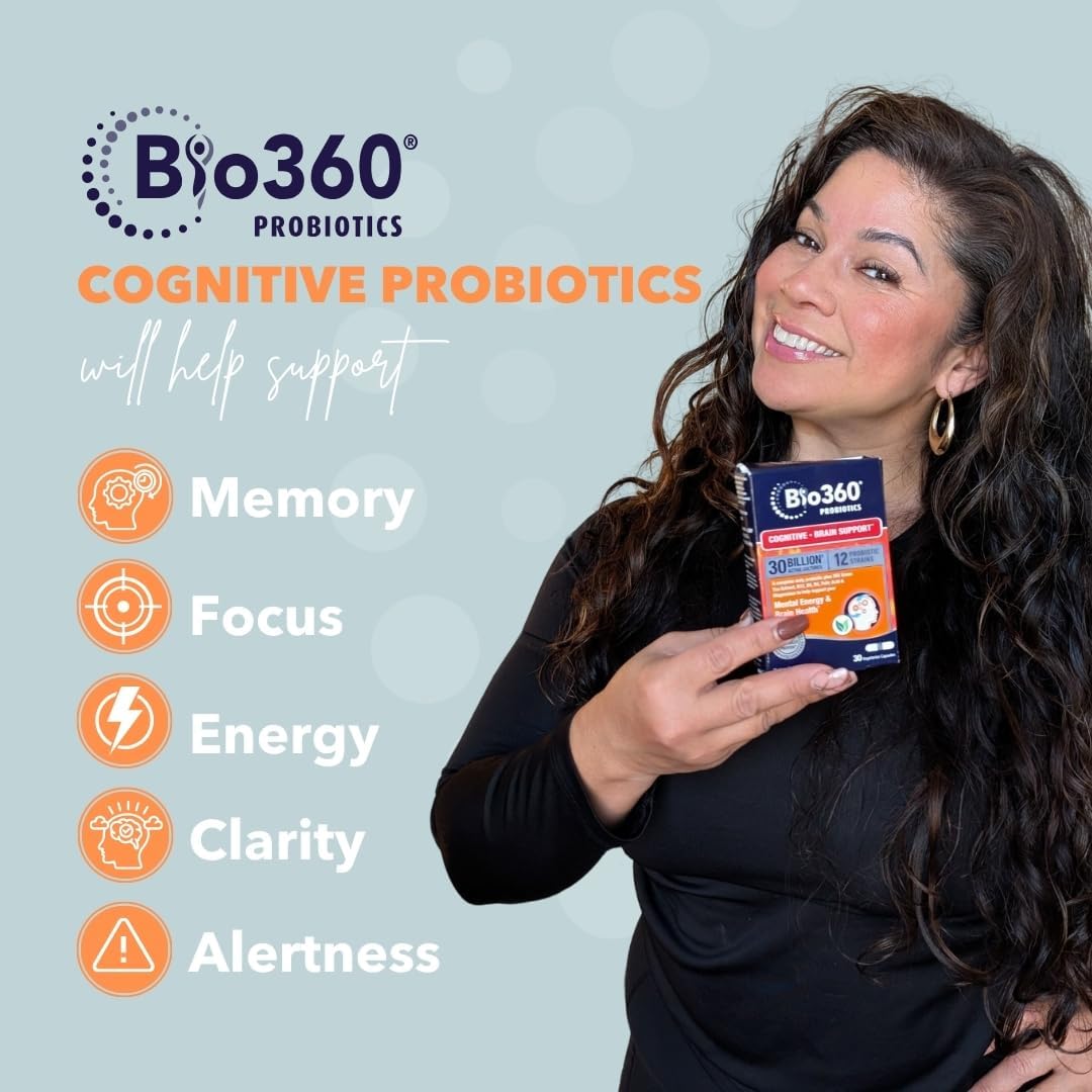 Bio360 Brain Supplements: Memory & Focus Capsules with B5, B6, B12 - 30 Billion CFU for Brain Health, Immunity, and Digestion - 30 Count