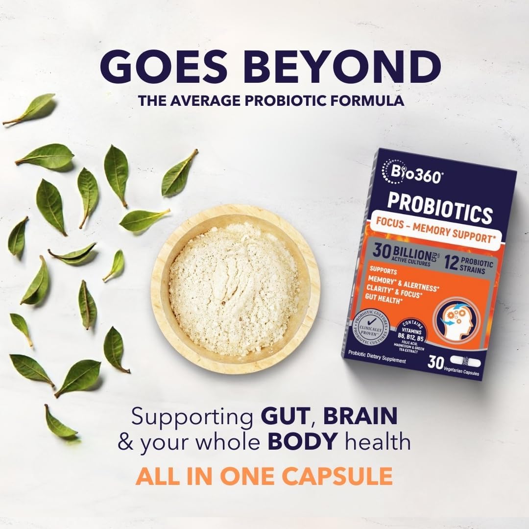 Bio360 Brain Supplements: Memory & Focus Capsules with B5, B6, B12 - 30 Billion CFU for Brain Health, Immunity, and Digestion - 30 Count