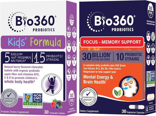 Bio360 Cognitive & Kids Probiotic Bundle - 30 Billion CFU for Memory, Focus, Immunity & Digestive Health - 15 Strains for Brain, Gut & Immune Support - Chewable for Kids, Capsules for Adults, 30 Count Each