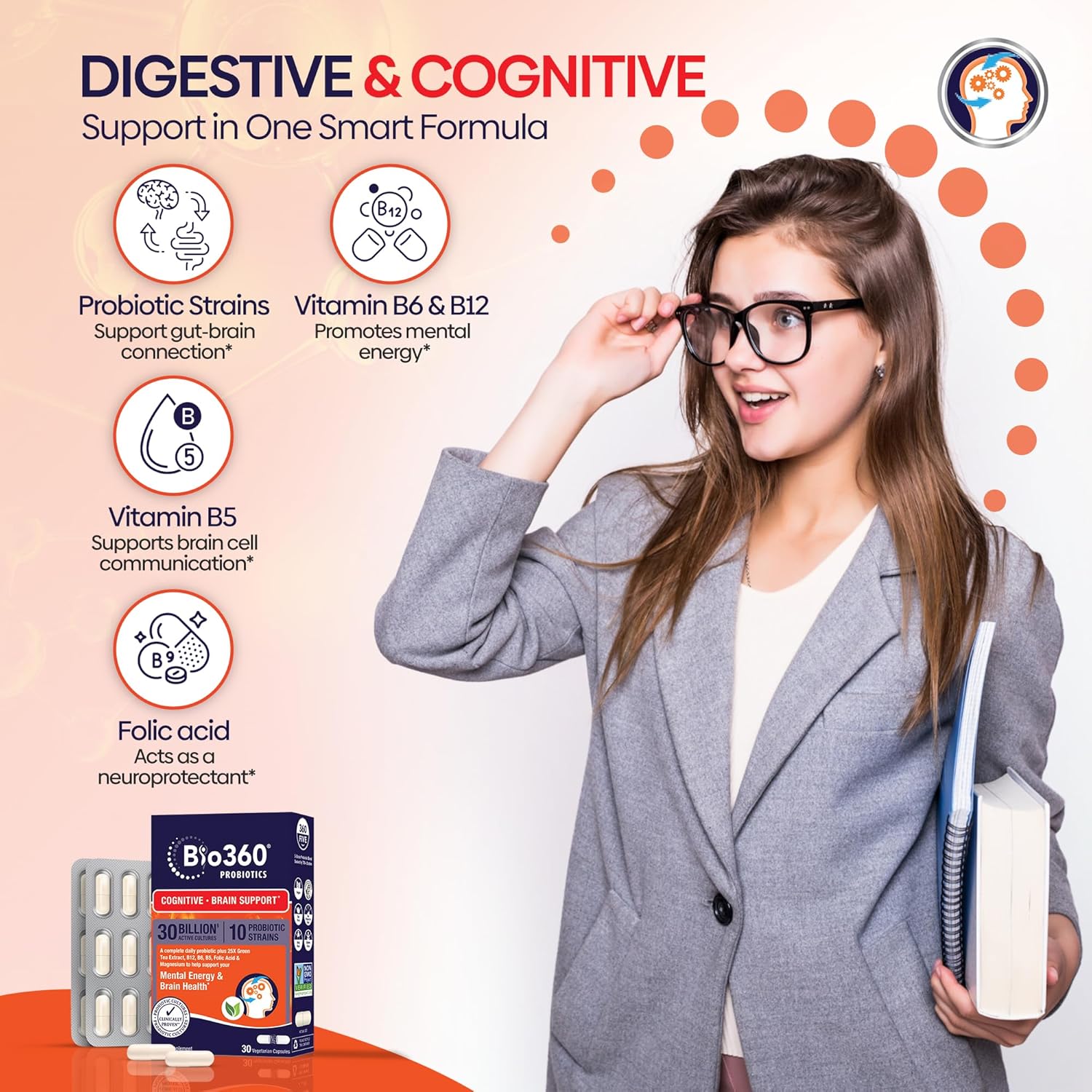 Bio360 Cognitive & Kids Probiotic Bundle - 30 Billion CFU for Memory, Focus, Immunity & Digestive Health - 15 Strains for Brain, Gut & Immune Support - Chewable for Kids, Capsules for Adults, 30 Count Each