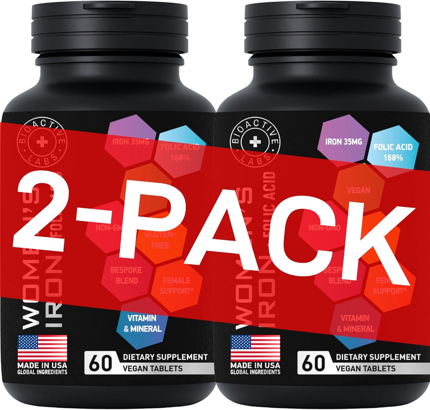 BIOACTIVE LABS Women's Vegan Iron Supplements with Folic Acid - 2-Pack, 120 Gluten-Free Tablets for Anemia and Pregnancy