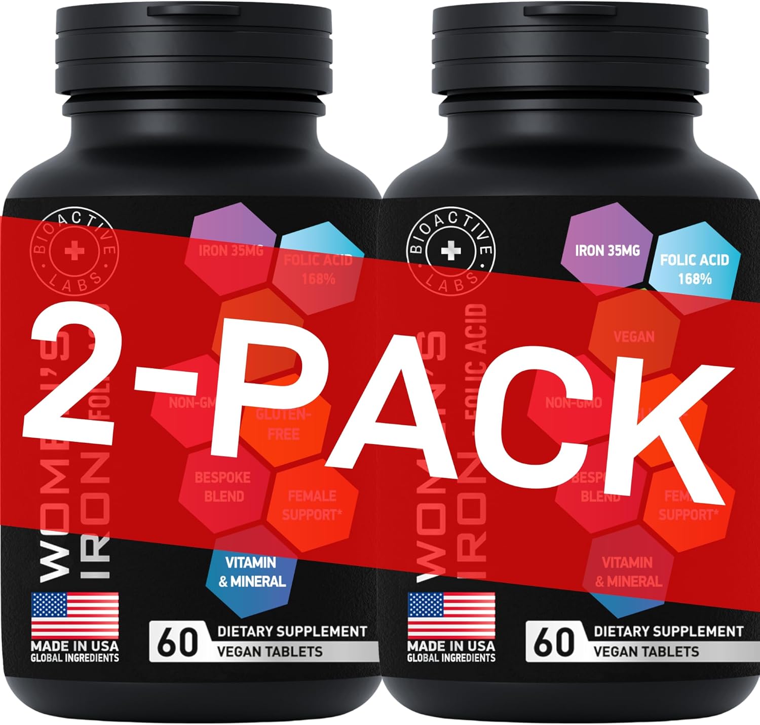 BIOACTIVE LABS Women's Vegan Iron Supplements with Folic Acid - 2-Pack, 120 Gluten-Free Tablets for Anemia and Pregnancy
