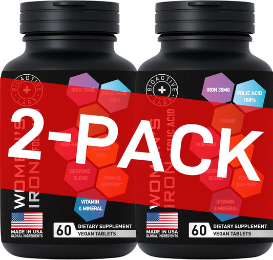 BIOACTIVE LABS Women's Vegan Iron Supplements with Folic Acid - 2-Pack, 120 Gluten-Free Tablets for Anemia and Pregnancy