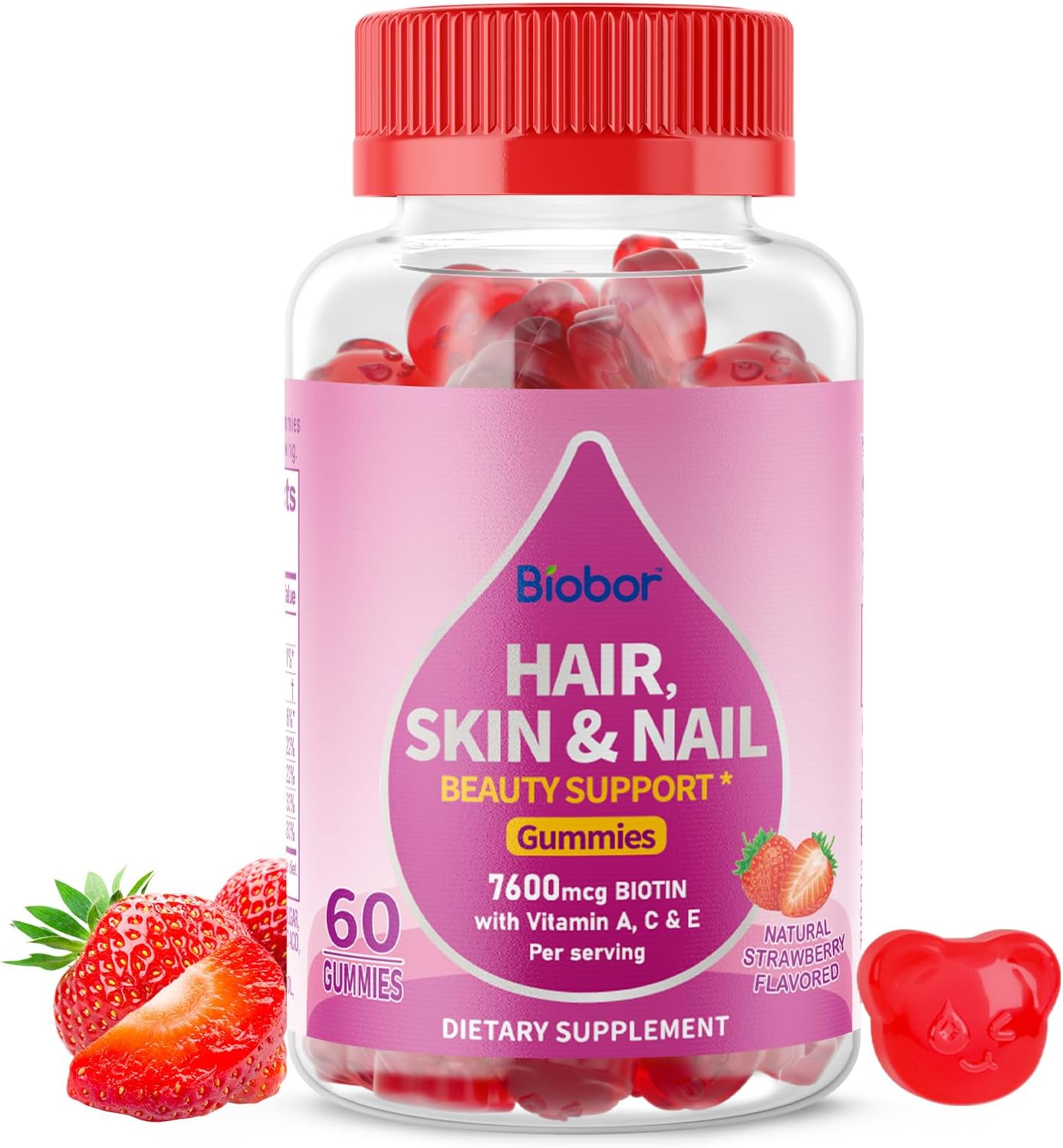 Biobor Natural Biotin Gummies for Hair, Skin, and Nails - Beauty Support Supplement with Vitamins A, C, E - GMO and Gluten Free - Strawberry Flavor - 60 Count
