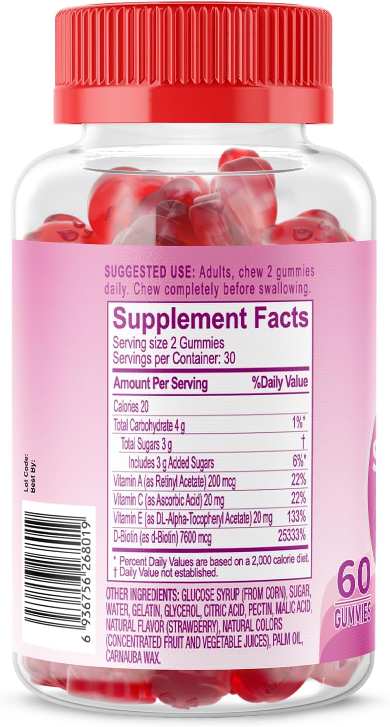 Biobor Natural Biotin Gummies for Hair, Skin, and Nails - Beauty Support Supplement with Vitamins A, C, E - GMO and Gluten Free - Strawberry Flavor - 60 Count
