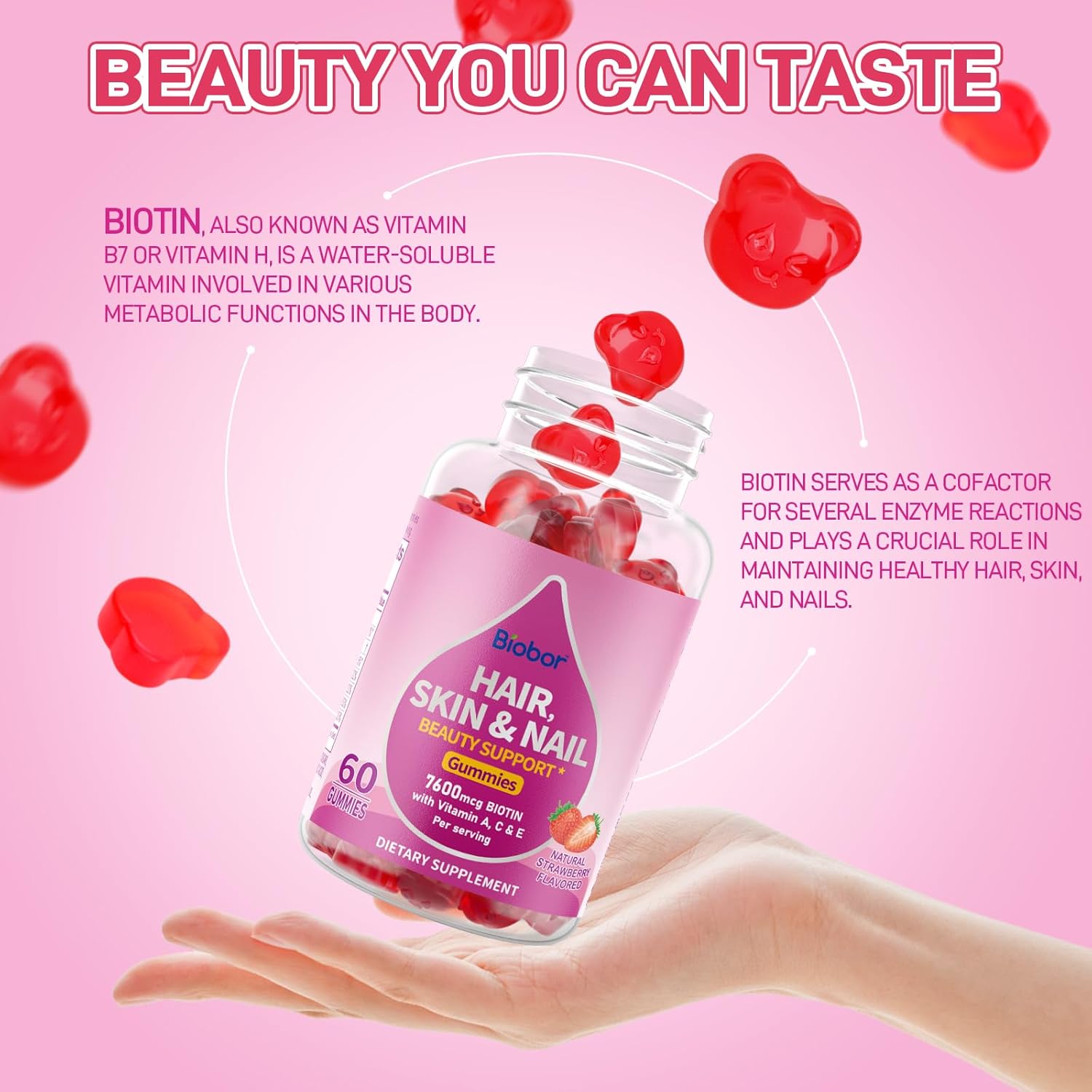 Biobor Natural Biotin Gummies for Hair, Skin, and Nails - Beauty Support Supplement with Vitamins A, C, E - GMO and Gluten Free - Strawberry Flavor - 60 Count