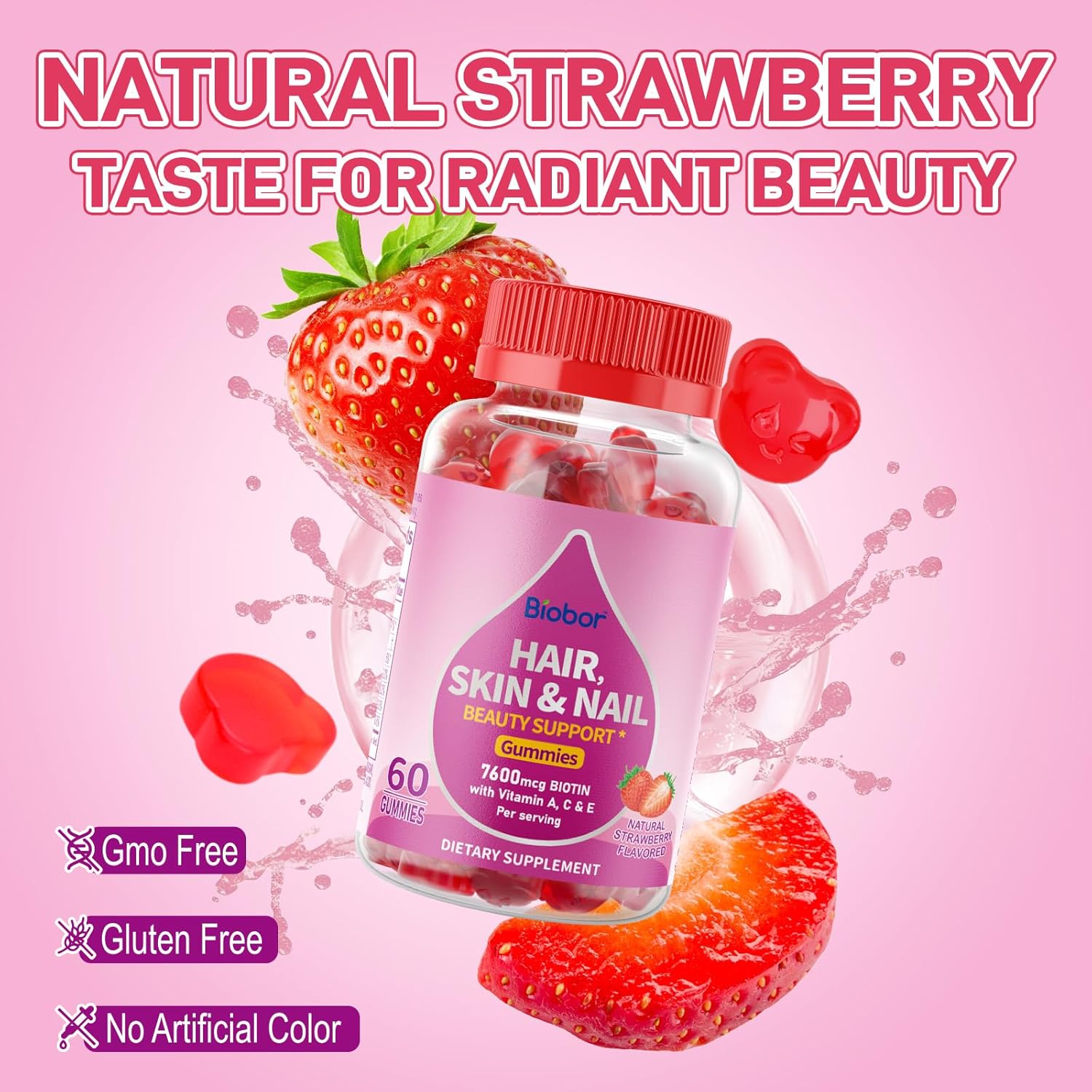 Biobor Natural Biotin Gummies for Hair, Skin, and Nails - Beauty Support Supplement with Vitamins A, C, E - GMO and Gluten Free - Strawberry Flavor - 60 Count