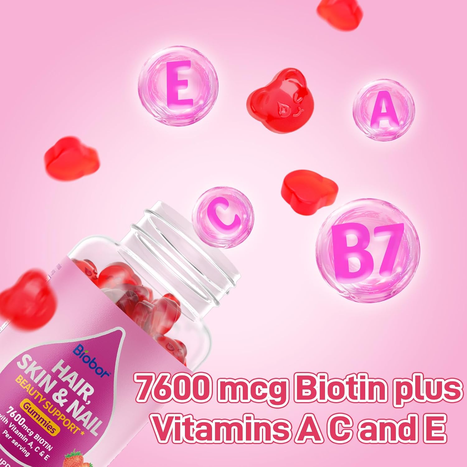 Biobor Natural Biotin Gummies for Hair, Skin, and Nails - Beauty Support Supplement with Vitamins A, C, E - GMO and Gluten Free - Strawberry Flavor - 60 Count