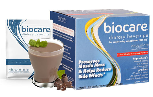 Biocare Nutritional Beverage Powder Drink with 20g Protein, 26 Vitamins/Minerals, Chocolate Flavor - Supports GLP-1 Users, Eases Nausea, Bloating, Constipation (14 Count)