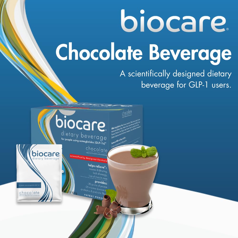Biocare Nutritional Beverage Powder Drink with 20g Protein, 26 Vitamins/Minerals, Chocolate Flavor - Supports GLP-1 Users, Eases Nausea, Bloating, Constipation (14 Count)