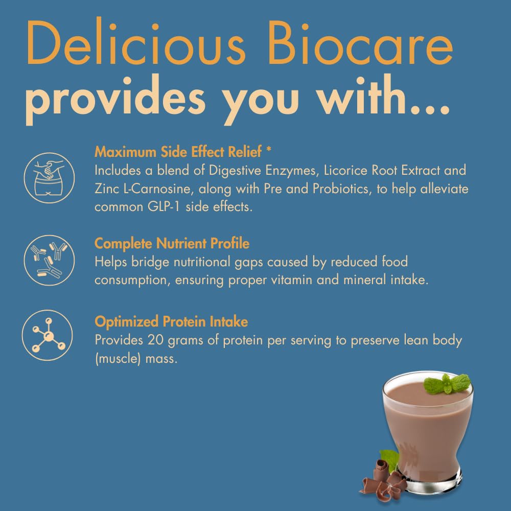 Biocare Nutritional Beverage Powder Drink with 20g Protein, 26 Vitamins/Minerals, Chocolate Flavor - Supports GLP-1 Users, Eases Nausea, Bloating, Constipation (14 Count)