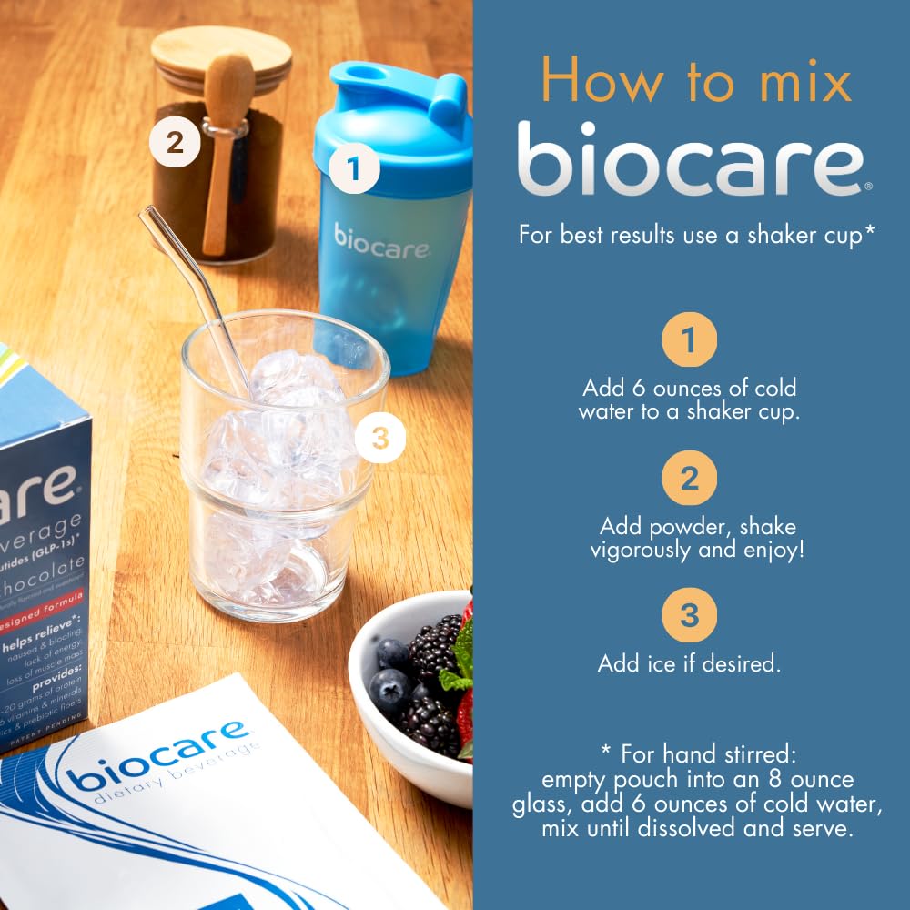 Biocare Nutritional Beverage Powder Drink with 20g Protein, 26 Vitamins/Minerals, Chocolate Flavor - Supports GLP-1 Users, Eases Nausea, Bloating, Constipation (14 Count)
