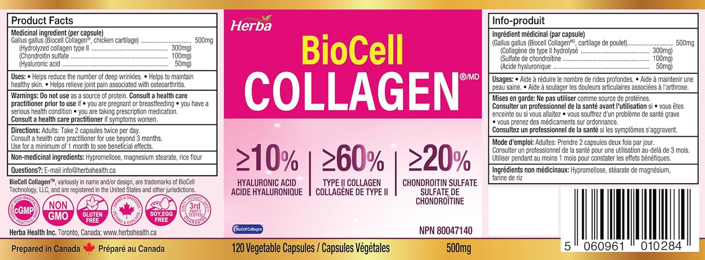 BioCell Collagen Capsules 500mg - 120 Veg Caps | Type II Collagen, Hyaluronic Acid, Chondroitin | Reduce Wrinkles, Support Joints