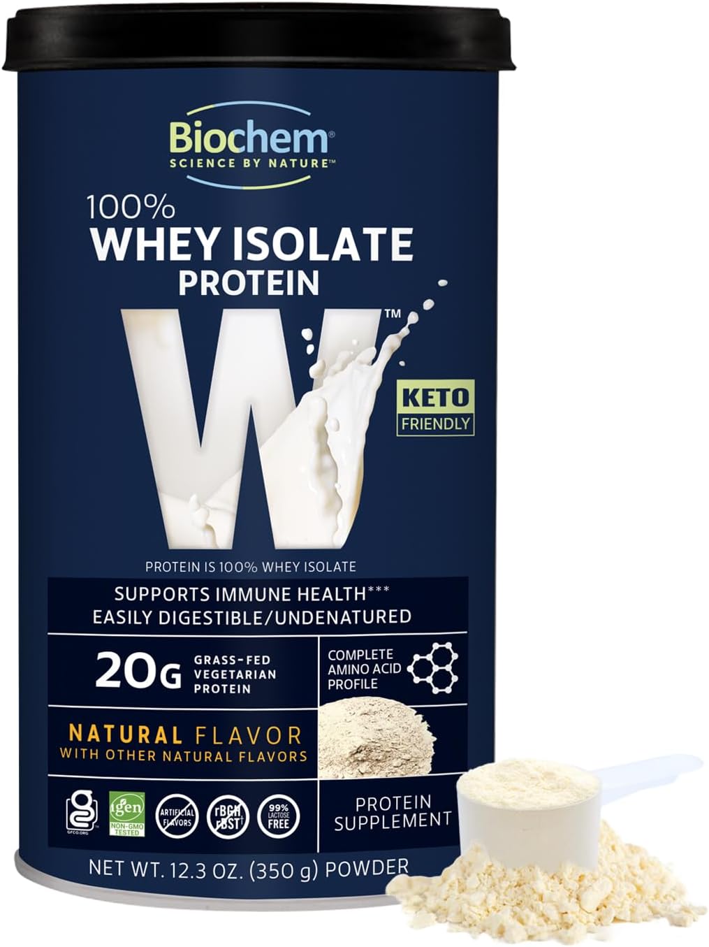 Biochem 100% Whey Isolate Protein - Natural Flavor - 12.3 Ounce - 20g Vegetarian Protein for Preworkout & Immune Health - Easily Digestible & Keto Friendly - Refreshing Taste