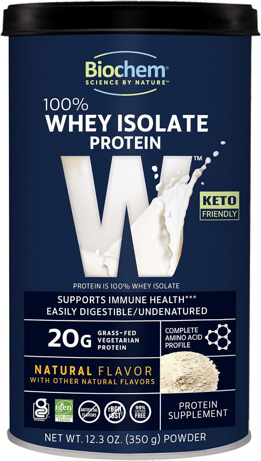 Biochem 100% Whey Isolate Protein - Natural Flavor - 12.3 Ounce - 20g Vegetarian Protein for Preworkout & Immune Health - Easily Digestible & Keto Friendly - Refreshing Taste