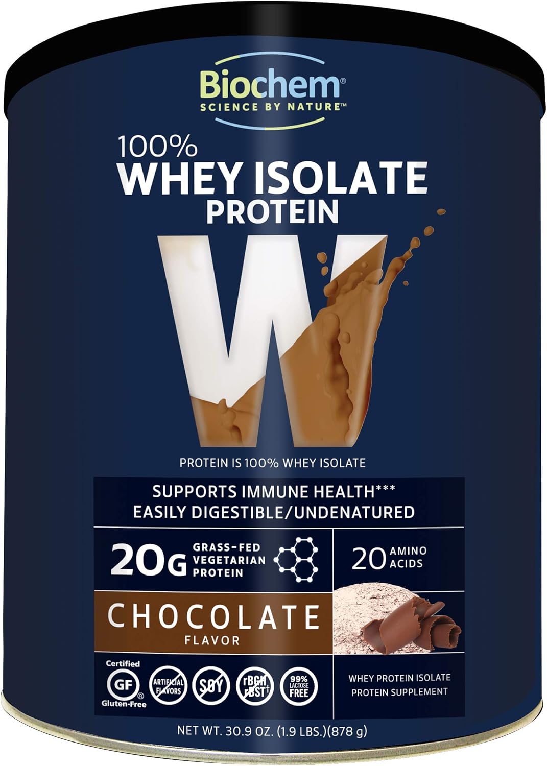 Biochem Chocolate 100% Whey Isolate Protein Powder - 30.9 oz - Ideal for Pre & Post Workout - Keto-Friendly - 20g Protein - Easily Digestible - Refreshing Taste