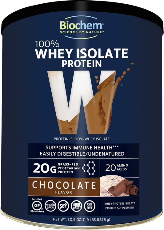Biochem Chocolate 100% Whey Isolate Protein Powder - 30.9 oz - Ideal for Pre & Post Workout - Keto-Friendly - 20g Protein - Easily Digestible - Refreshing Taste