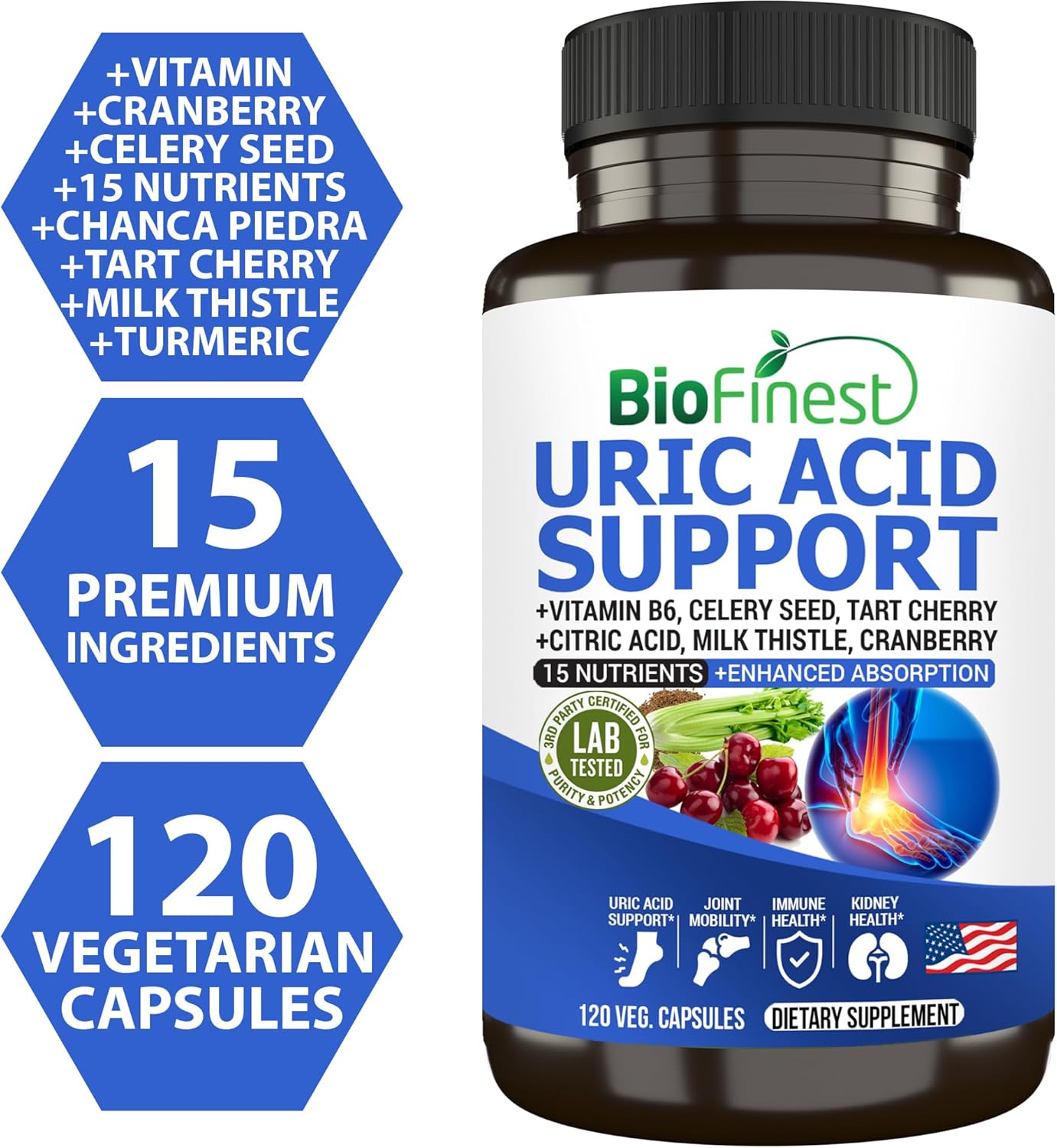 BioFinest Uric Acid Support Supplement with Vitamin B, Cranberry, and Turmeric for Immune Health and Joint Mobility (120 Capsules)