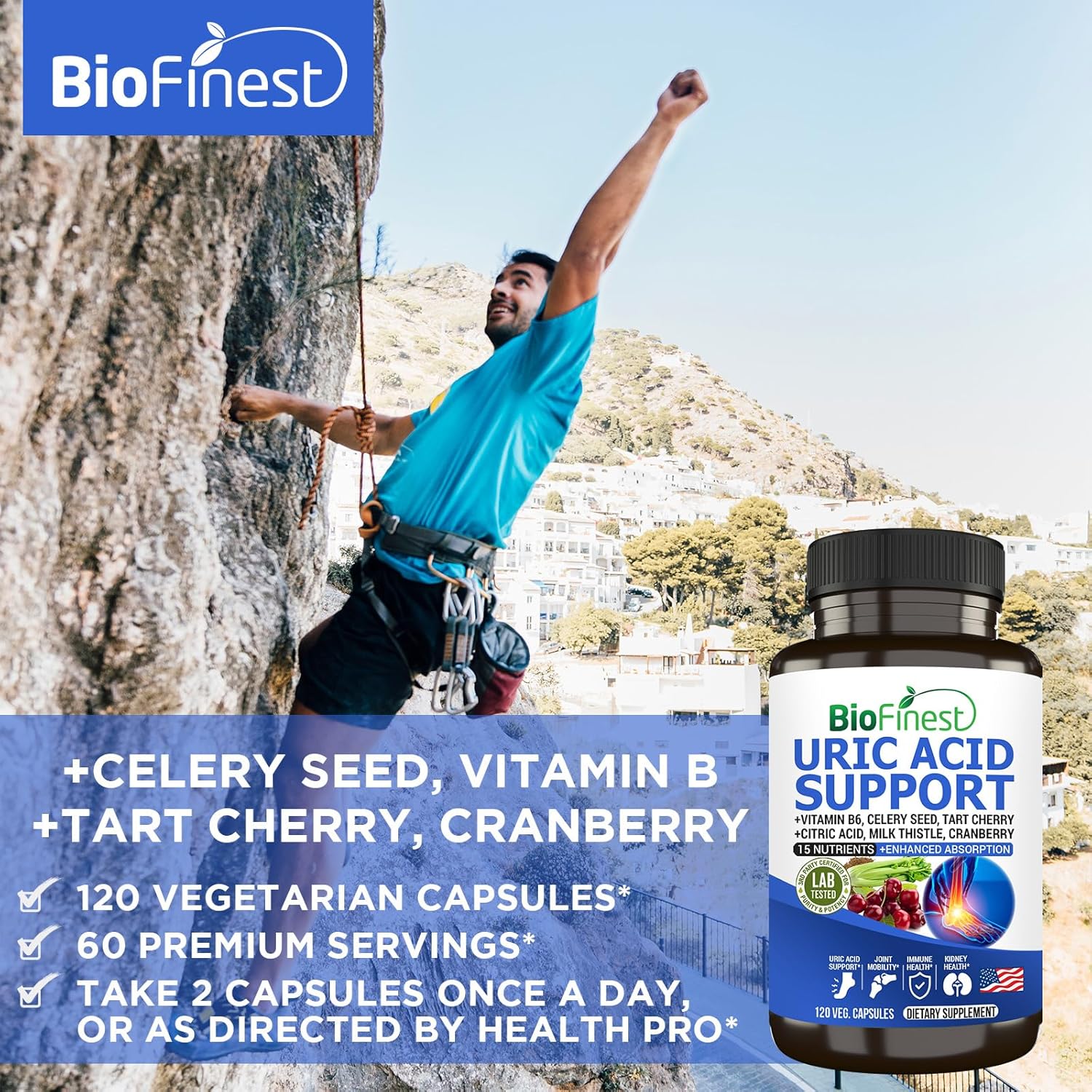 BioFinest Uric Acid Support Supplement with Vitamin B, Cranberry, and Turmeric for Immune Health and Joint Mobility (120 Capsules)