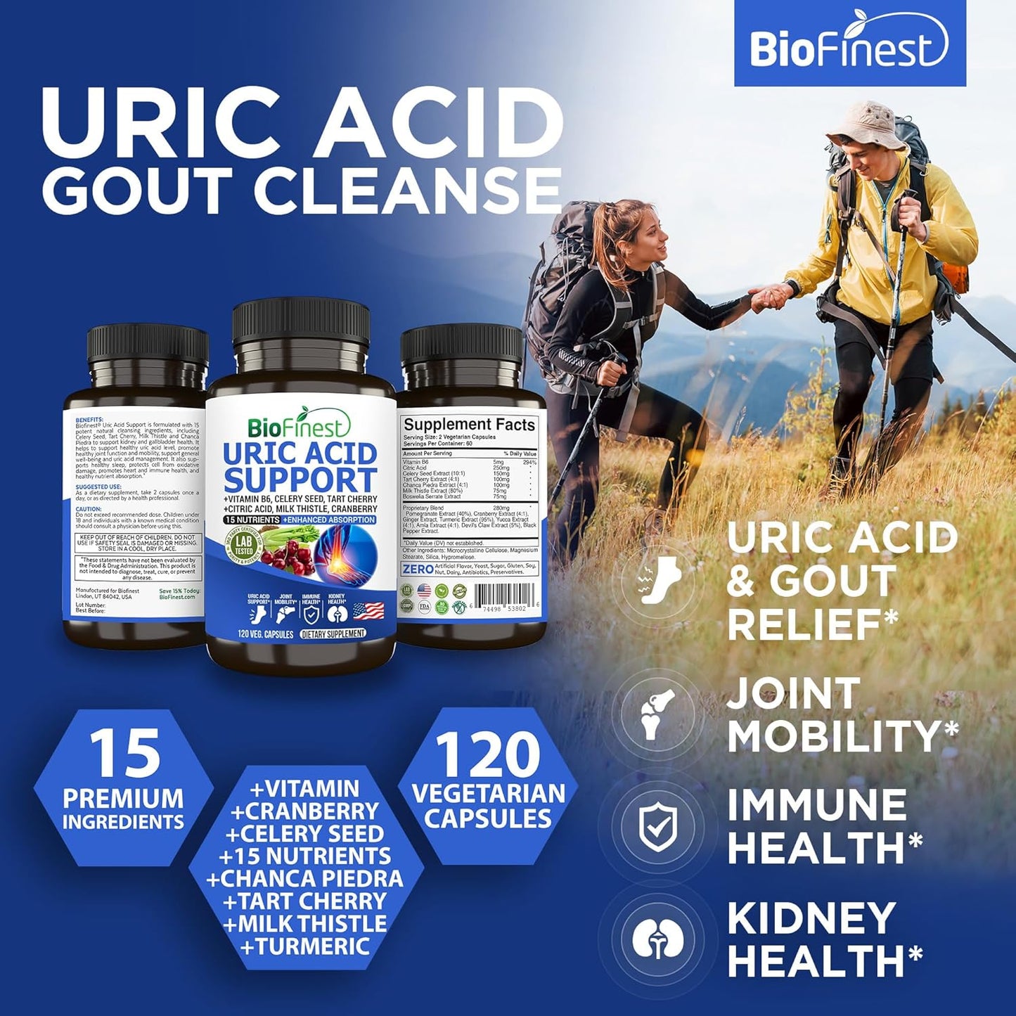 BioFinest Uric Acid Support Supplement with Vitamin B, Cranberry, and Turmeric for Immune Health and Joint Mobility (120 Capsules)