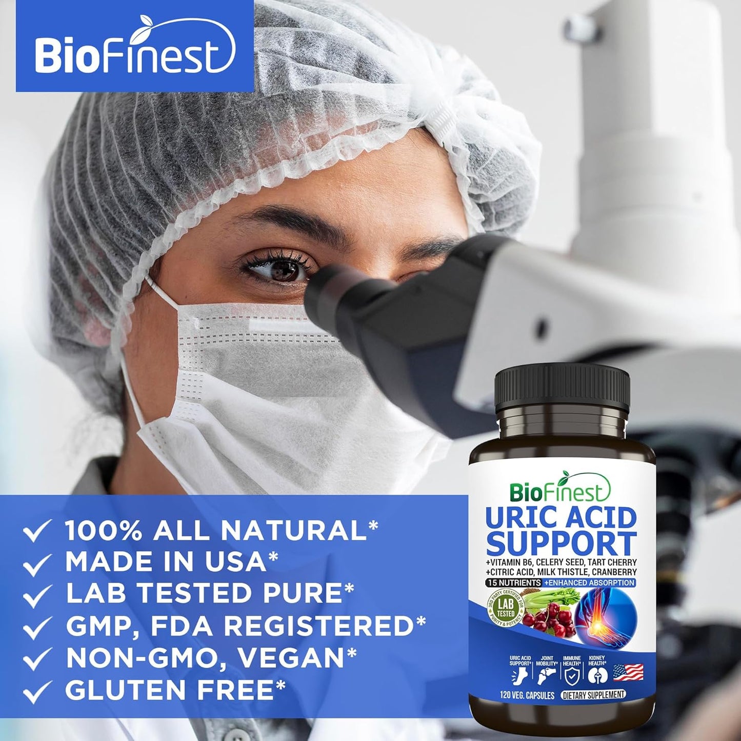 BioFinest Uric Acid Support Supplement with Vitamin B, Cranberry, and Turmeric for Immune Health and Joint Mobility (120 Capsules)